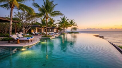Fototapeta premium A serene infinity pool overlooking the ocean at sunset