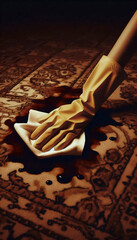 A sepia close-up of a hand trying to clean a stain, Ai generated image