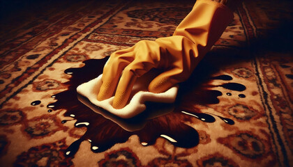 A sepia close-up of a hand trying to clean a stain, Ai generated image