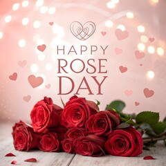 Happy Rose Day Romantic Poster with Red Roses and Hearts