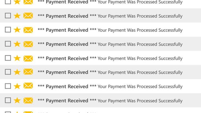 Stream of successful payment confirmation emails showing multiple processed transactions and financial updates. Digital record of received payments