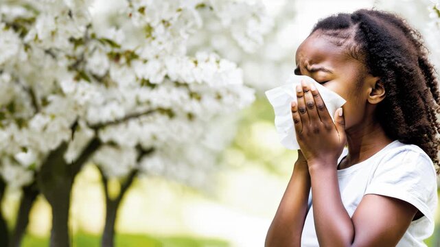 Dark-skinned little girl blowing her nose and sneezing into a handkerchief against a background of flowering trees. The concept of allergies and asthma