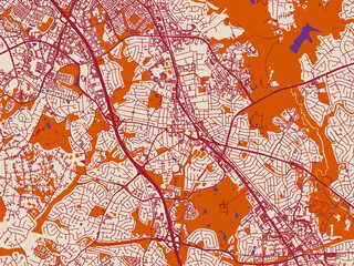 Fototapeta premium Urban map poster of Rockville, Maryland with warm neutral background with burgundy linework streets, terracotta blocks and violet water contrast