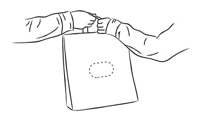 Fast Delivery Parcel Concept, Line Art Illustration, Simple Doodle Delivery Icon, Courier Delivers, Bag, Delivery Hand to Hand, Vector