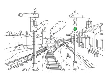 Obraz premium Black and white outline drawing of a steam train arriving at a station with signals