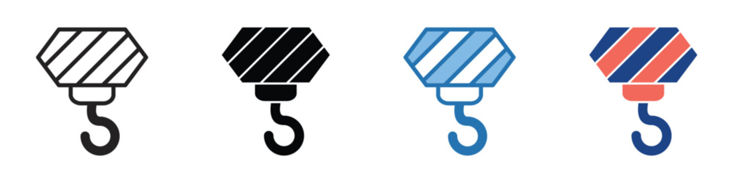 Modern industrial crane hook vector icon set, showcasing heavy lifting equipment in outline, solid, and flat color styles, ideal for construction, engineering, and design projects