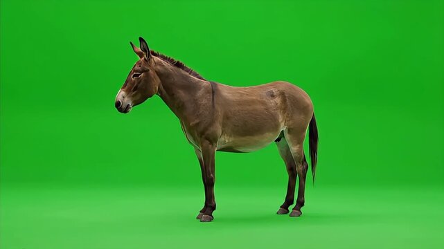 A brown domestic donkey stands still on a green screen background.