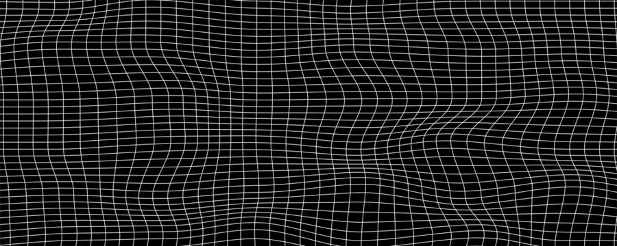 White grid distortion on black background. Waved mesh surface. Net with curvatured effect. Checkered pattern deformation. Bented lattice texture. Vector graphic illustration