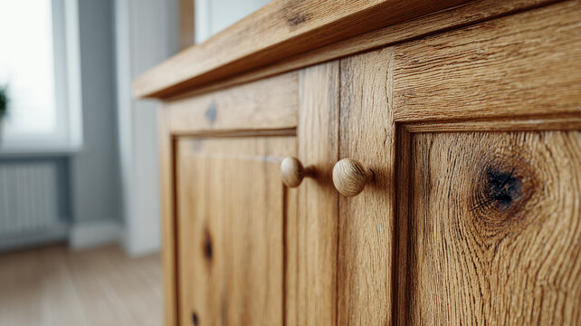 Close-up of rustic wooden cabinet in sunlit modern living room