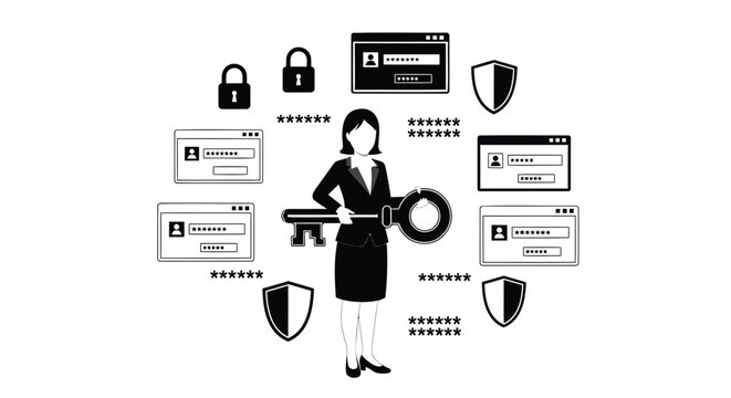 Businesswoman protecting cybersecurity with shields and locks around her