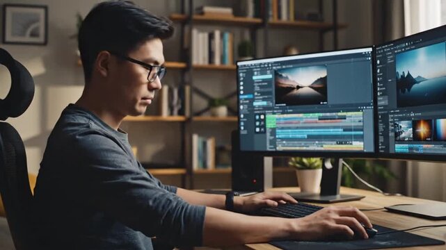 Young man editing photos and videos in modern workspace