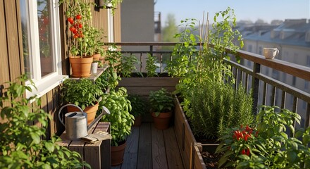 Productive Urban Balcony Garden with Potted Herbs and Vegetables