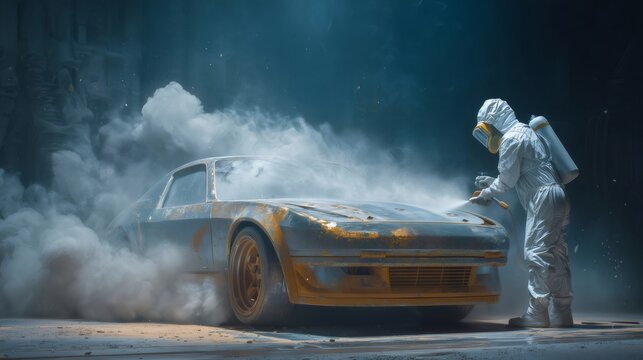 Worker sandblasting rusty vintage car for restoration