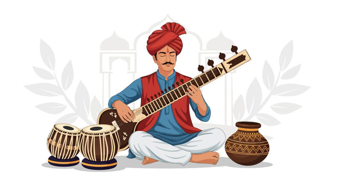 Illustration of a man playing a traditional Indian stringed instrument with drums and a pot on a white background.
