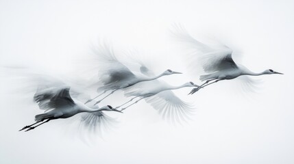 Obraz premium Three white cranes flying in a bright sky convey freedom and harmony, suitable for postcard designs or art projects as a background.