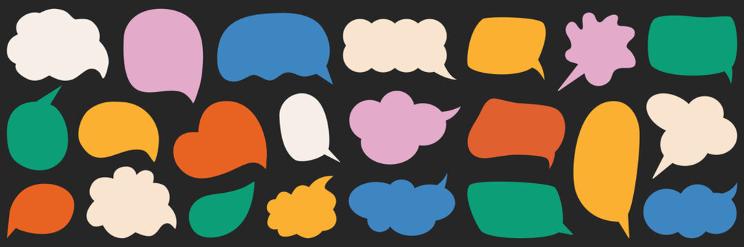 Speech bubbles of different shapes collection on dark background. Speech bubbles set in retro style. Colorful speech balloon pop art icon pack. Vector abstract shape stickers