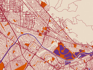 Obraz premium Street network map of Union City, California, featuring warm ivory base with deep wine street grid, clay-orange areas and dusky purple waterways