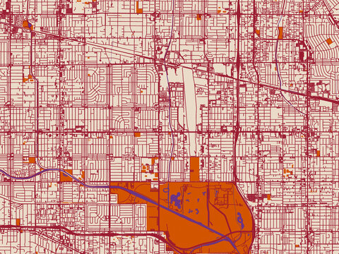 Minimal city map of Van Nuys, California with burgundy linework on cream