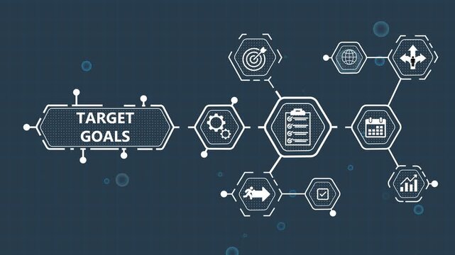 Business strategy and goal setting concept with and flowchart on dark blue background target goals planning