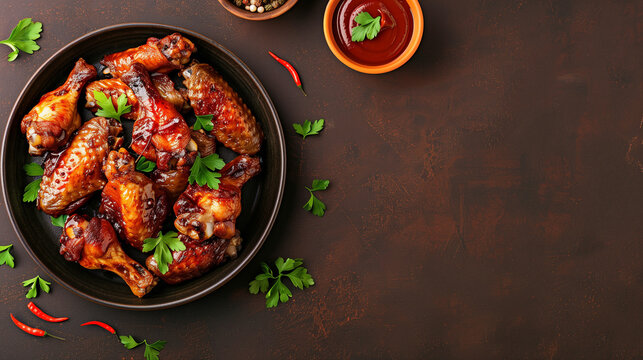 Delicious glazed chicken wings served on a dark plate with fresh parsley and chili peppers