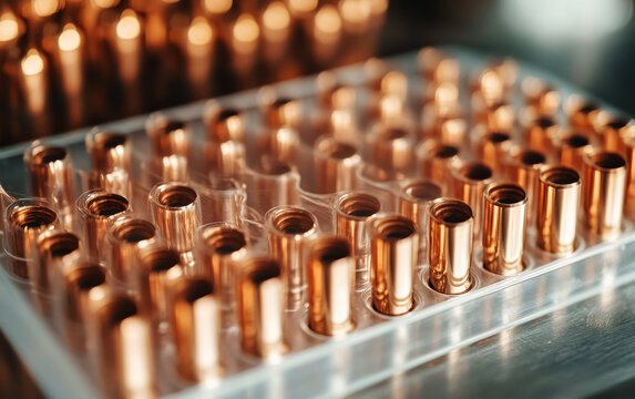 Close-up view of shiny brass ammunition casings neatly arranged in a manufacturing tray, highlighting industrial production of firearms components