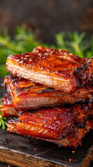 Deliciously glazed pork belly slices stacked on a dark wooden board with rosemary garnish