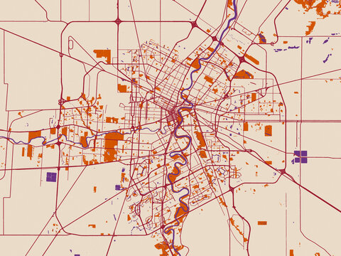 City map of Winnipeg, Manitoba &mdash; soft cream background with burgundy street lines, warm terracotta land blocks and muted violet water
