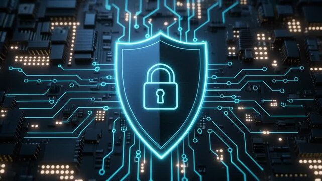 Cyber security shield with lock on circuit board background, protecting data