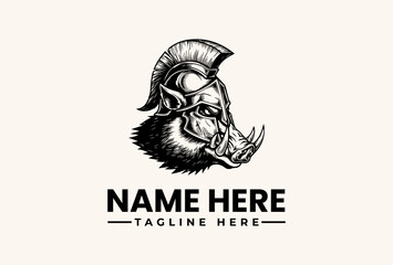Fototapeta premium Black and white illustration of a boar's head wearing a gladiator helmet with a tagline and name placeholder on a beige background.