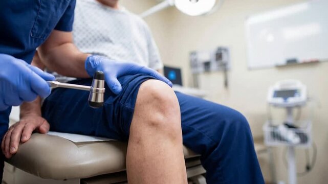 Doctor checking patient reflexes by tapping his knee with a reflex hammer during medical exam with abnormal response suggesting potential neurological disorder