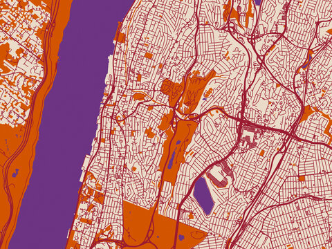 Street network map of Yonkers, New York, cream and burgundy map