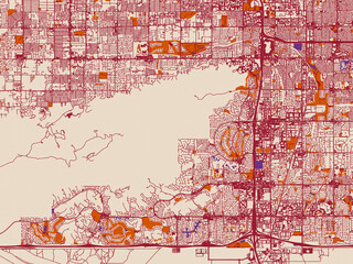Naklejka premium City map of Ahwatukee Foothills, Arizona — warm ivory base with deep wine street grid, clay-orange areas and dusky purple waterways
