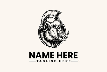 Fototapeta premium Black and white illustration of a rhinoceros head in a circular frame with text placeholder for a logo or icon on a beige background.