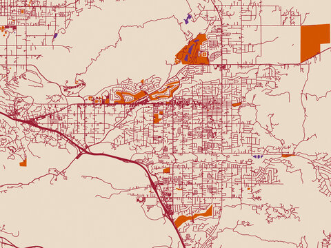 Minimal city map of Yucaipa, California with cream and burgundy map