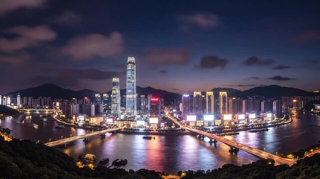 Panoramic city skyline at dusk with river reflections