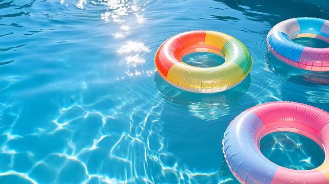 Colorful inflatable rings in pool