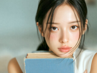 Woman is holding a stack of books in her hands