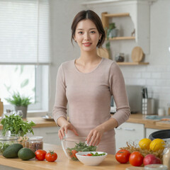 Woman is standing in a kitchen, preparing a salad