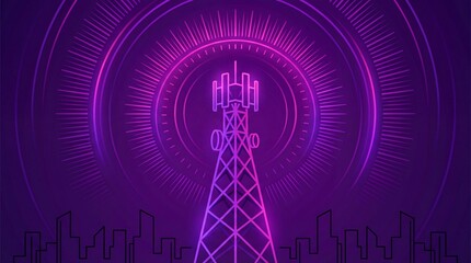 Fototapeta premium A vibrant purple cell tower stands tall in a modern cityscape with neon lights and a futuristic design