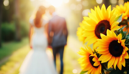  bride and groom with sunflowers
