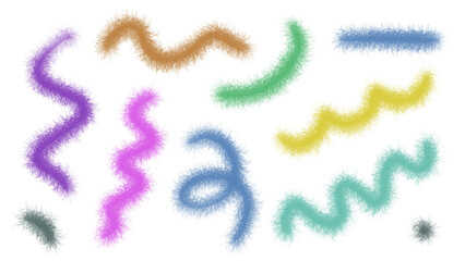 Fototapeta premium Transparent PNG: Soft Pastel Fuzzy Line Strokes Isolated on White Background, Abstract Colorful Decorative Design Elements, Brushstroke Shapes, Wavy and Curly Isolated Graphics
