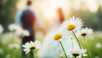 bride and groom daisies in a field