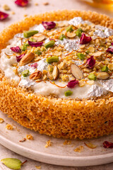 Indian ghewar honeycomb dessert, macro food photography, high detail full frame