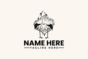 Obraz premium A black and white illustration of a stylized bird logo with a patterned design and bold text on a clean white background.