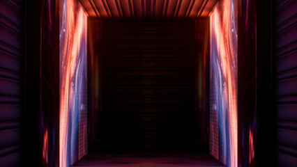 Abstract neon corridor, tunnel, rays, light effect. 3D rendering