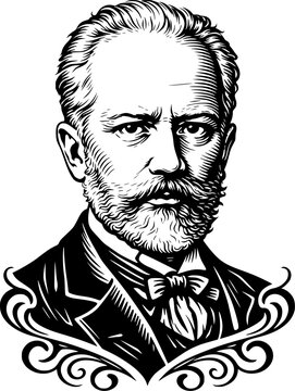 pjotr iljitsch tschaikowsky vintage engraved portrait, composer, vector, illustration