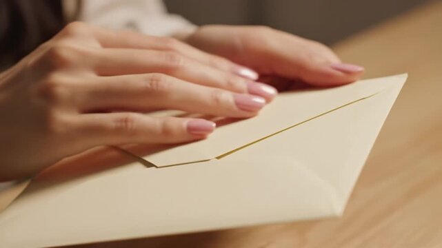 Hand opening envelope on wooden table indoors