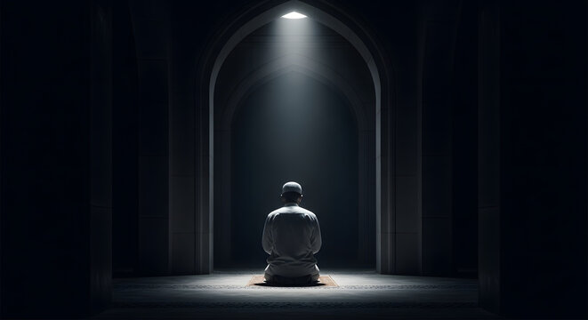 Dramatic Rear View of Muslim Man Praying in Mosque Interior