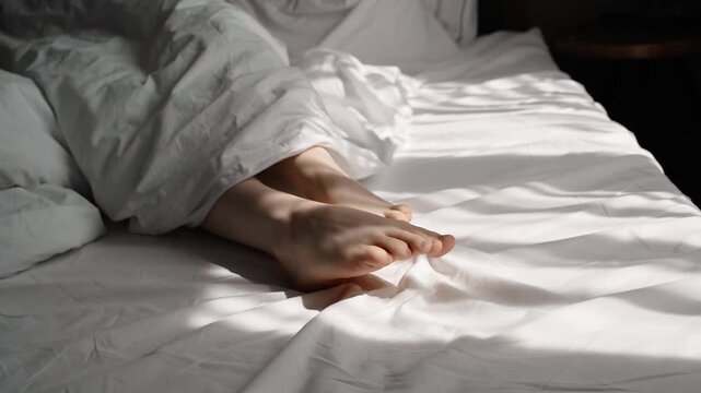 Woman lies under white sheets as sunlight falls across the bed and her bare feet gently rub together, Lifestyle, Intimacy