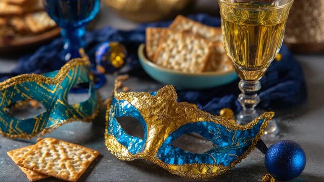 Colorful decorative masks and snacks arranged on a festive table with drinks, showcasing vibrant textures and elements of celebration in a visually appealing setup